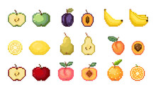 Pixel Fruits Vector Icons Set. Pixel Art Collection.