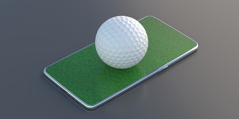 Wall Mural - Green grass on mobile and white golfball isolated on grey background. 3d illustration