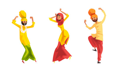 Sticker - Male and Female Dancers in Traditional Indian Clothes Performing Folk Dance Set Cartoon Vector Illustration