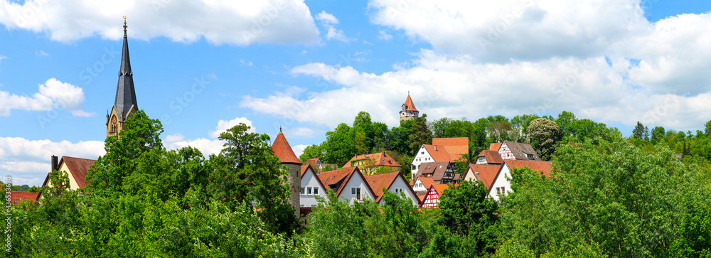 Möckmühl, Panoramablick auf die Stadt - obrazy, fototapety, plakaty 