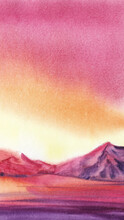 Futuristic Watercolor Blurred Landscape. Colorful Sky Gradient From Crimson To Light Yellow Above Purple Mountains On Deserted Land. Hand Drawn Vertical Illustration For Smartphone Screen