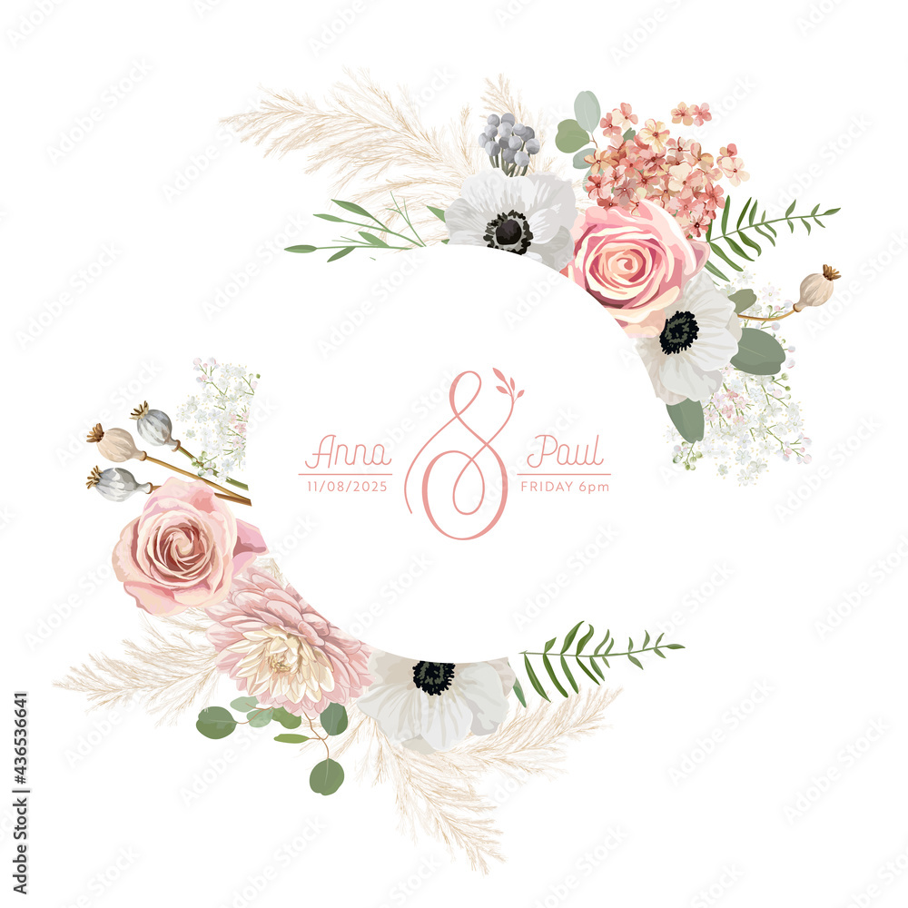 Floral wreath with watercolor dry pastel flowers, pampas grass. Vector  summer vintage anemone, rose flower banner Stock Vector | Adobe Stock, image size:1000x1000