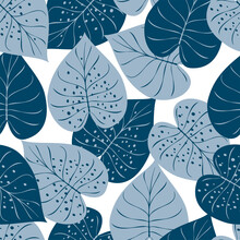Abstract Seamless Background With Tropical Leaves. Minimal Design, Blue Leaves On A White Background.