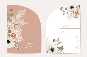 Wall Mural - Modern minimal floral wedding vector Invitation set. Boho anemone, pampas grass, rose card template