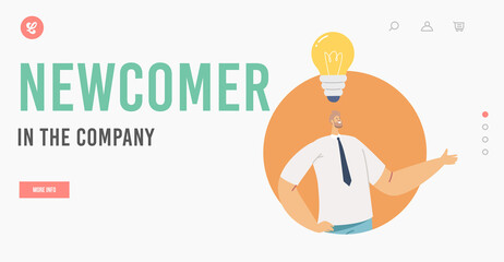 Wall Mural - newcomer in the company landing page template. businessman character in formal wear with glowing lig