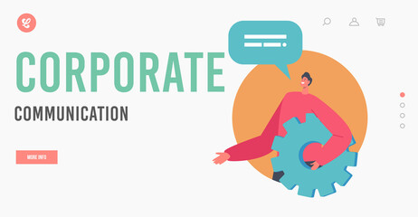 Wall Mural - Corporate Communication Landing Page Template. Businessman Character Holding Huge Cogwheel with Speech Bubble