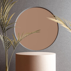 Wall Mural - Beige stone cylinder podium and tropical leaves minimal abstract scene for product display, 3d rendering object placement mockup