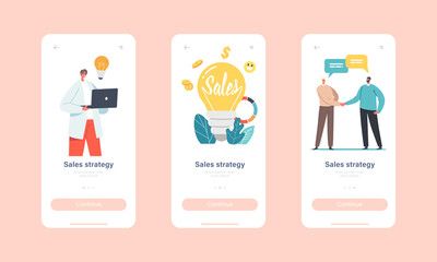 Wall Mural - Sales Strategies Mobile App Page Onboard Screen Template. Tiny Businessmen and Businesswomen Characters at Light Bulb