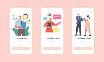 Wall Mural - online conference mobile app page onboard screen template. workers webcam group meeting with coworke