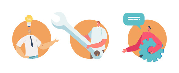 Wall Mural - set of tiny businesspeople characters holding huge instruments wrench and cogwheel, manager with glo