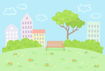 Poster - Glade in the city summer park. Green grass, tree, bushes, flowers, houses and a bench. In cartoon style. Vector flat illustration.