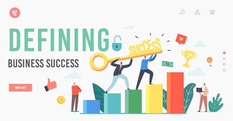 Wall Mural - Key to Success, Challenge, Partnership Landing Page Template. Business People Climbing Up Financial Graph Stairs