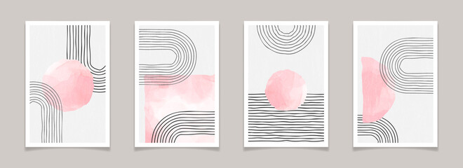 Wall Mural - Mid century modern abstract minimal posters with lines and watercolor elements. Trendy geometric backgrounds for wall decoration, brochure cover. Contemporary vector illustration of modern home prints