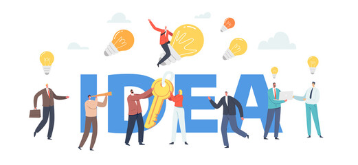 Wall Mural - creative idea concept. business characters with huge illuminated light bulbs, team searching new ins
