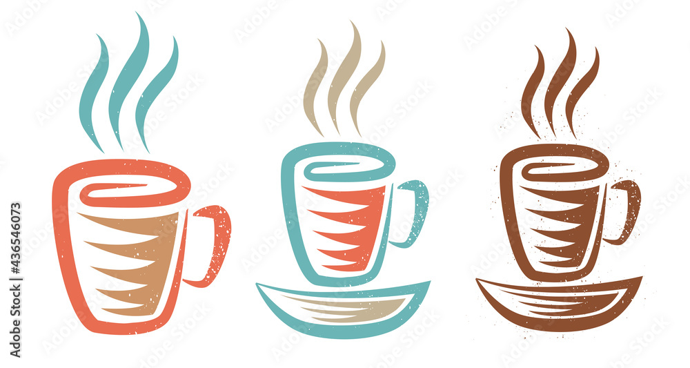 Vector illustration of a cup with coffee or tea in retro style. Vintage logo of hot drink for cafe. - obrazy, fototapety, plakaty 