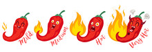 Vector St Illustration Of A Spicy Chilli Peppers With Flame. Cartoon Red Chilli For Mexican Or Thai Food