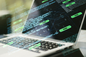 abstract creative coding illustration on modern computer background, software development concept. m