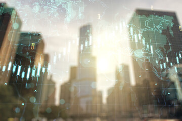 Double exposure of abstract financial chart with world map on office buildings background, research and analytics concept