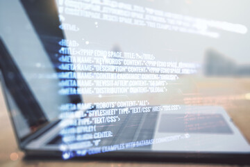 abstract creative coding illustration on modern computer background, software development concept. m