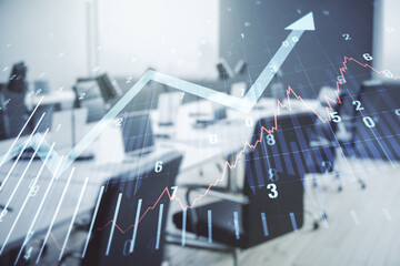 Abstract virtual financial graph and upward arrow hologram on a modern furnished classroom background, financial and trading concept. Multiexposure