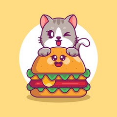 Cute cat with big cheese burger cartoon