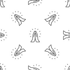 Canvas Print - Grey line Hands in praying position icon isolated seamless pattern on white background. Prayer to god with faith and hope. Vector