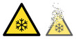 Fractured dot snow warning vector icon with destruction effect, and original vector image. Pixel dust effect for snow warning shows speed and motion of cyberspace abstractions.