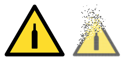 Dispersed pixelated alcohol warning vector icon with destruction effect, and original vector image.