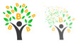 Dispersed dotted bitcoin tree man vector icon with destruction effect, and original vector image. Pixel disappearing effect for bitcoin tree man shows speed and motion of cyberspace items.