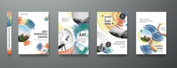 Wall Mural - Portfolio art design vector set. Abstract oil brush shape on cover book presentation. Watercolor paint brochure layout and modern report business flyers poster template.