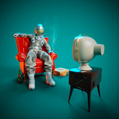 Wall Mural - astronaut watches television sitting on the armchair. 3d illustration