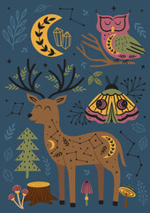 magic forest poster with deer, moth, owl