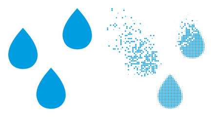 Dispersed dot water drops vector icon with destruction effect, and original vector image. Pixel transformation effect for water drops shows speed and motion of cyberspace matter.