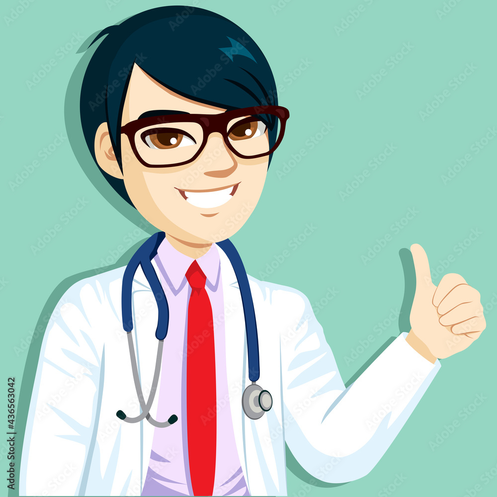 Happy Asian doctor with stethoscope showing thumbs up hand gesture - obrazy, fototapety, plakaty 