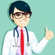 Happy Asian doctor with stethoscope showing thumbs up hand gesture