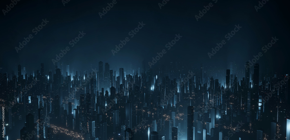 3D Rendering of large city from high angle aerial view. Many tall buildings with lights reflection from led and cars on roads. Concept for technology background - obrazy, fototapety, plakaty 