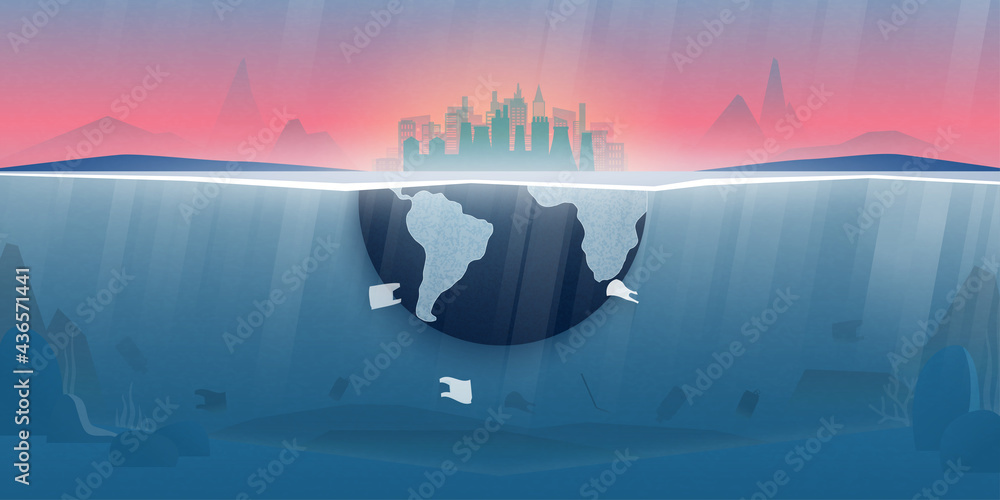 World ocean pollution and climate change concept.Plastic waste in the ocean,Underwater sea scene.Environment conservation resource sustainable. - obrazy, fototapety, plakaty 