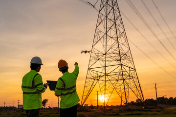 team work of engineers location help technician use drone to flying inspect equipment instead of wor