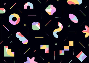 Wall Mural - figures with colorful patterns are freely arranged on a black background.