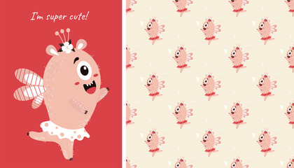 I m super cute. Seamless pattern and card with cute pink monster. Fantastic character - a monster girl in a skirt on a light yellow background. Vector. Scandinavian style. Childrens collection