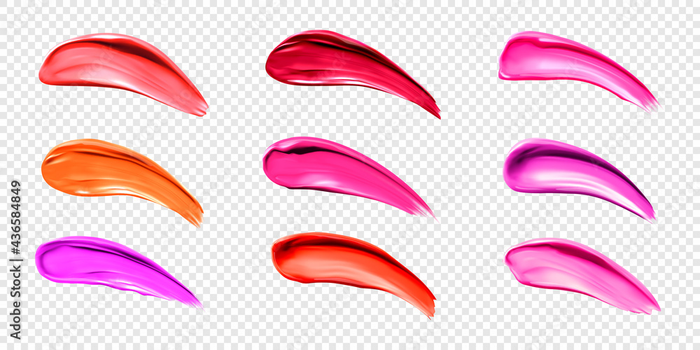 Lipstick smears, swatches of liquid lip gloss for makeup palette. Vector realistic mockup of bright red, orange and pink smudges of female cosmetic isolated on transparent background - obrazy, fototapety, plakaty 