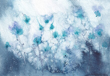 Softness Nature Floral Landscape. Beautiful Meadow Landscape. Abstract Blue Flowers On Spotted Background. Watercolor Painting On Textured Paper.
