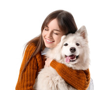 Beautiful Woman With Cute Dog On White Background