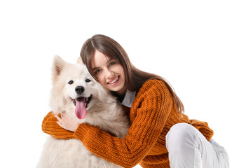 Beautiful woman with cute dog on white background