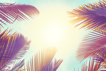 Tropical palm tree with sun light on sunset sky and cloud abstract background.