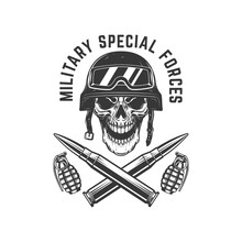 Special Forces. Crossed Rifle Bullets And Grenades With Soldier Skull In Military Helmet. Design Element For Logo, Label, Sign, Emblem. Vector Illustration