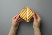 Female Hands Hold Grilled Sandwich With Cheese On Gray Background