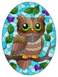 Stained glass illustration with cartoon owl against a blue sky and berries, in a bright frame, oval image