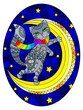 Illustration in the style of stained glass with a grey cat on the moon against the background of the starry night sky,oval 