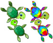 A set of contour illustrations in the style of stained glass with bright cartoon turtles, animals isolated on a white background